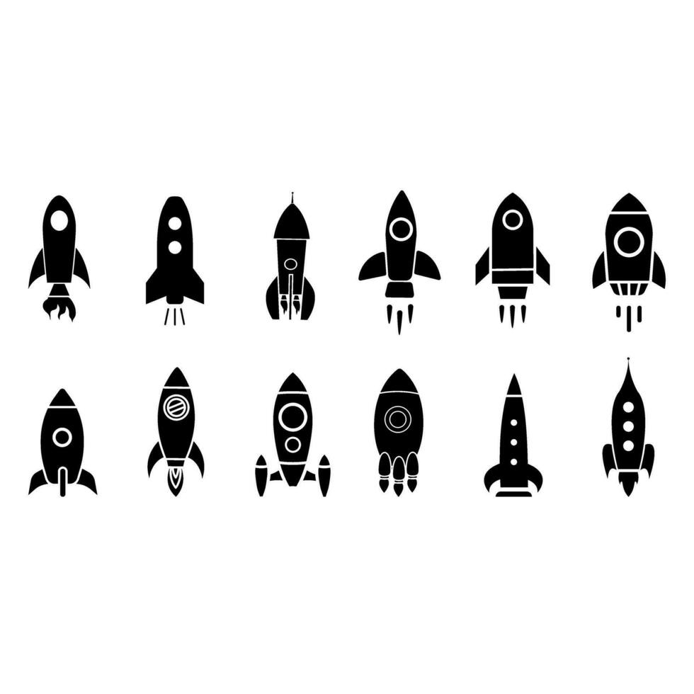 Raum Rakete Symbol Vektor Satz. Raum Kunst Illustration Zeichen Sammlung. Shuttle Symbol oder Logo.