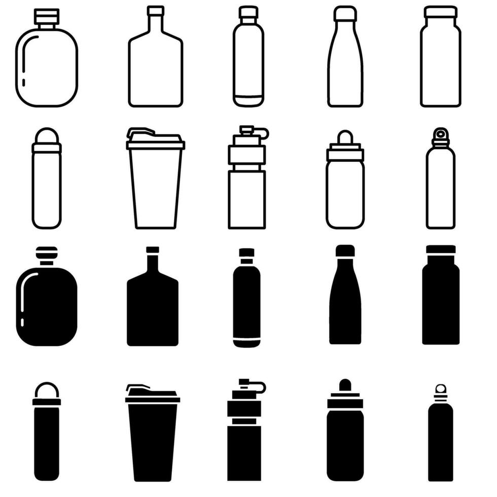 Flasche Vektor Symbol Satz. Thermosflasche Illustration Zeichen Sammlung. Flasche Symbol oder Logo.