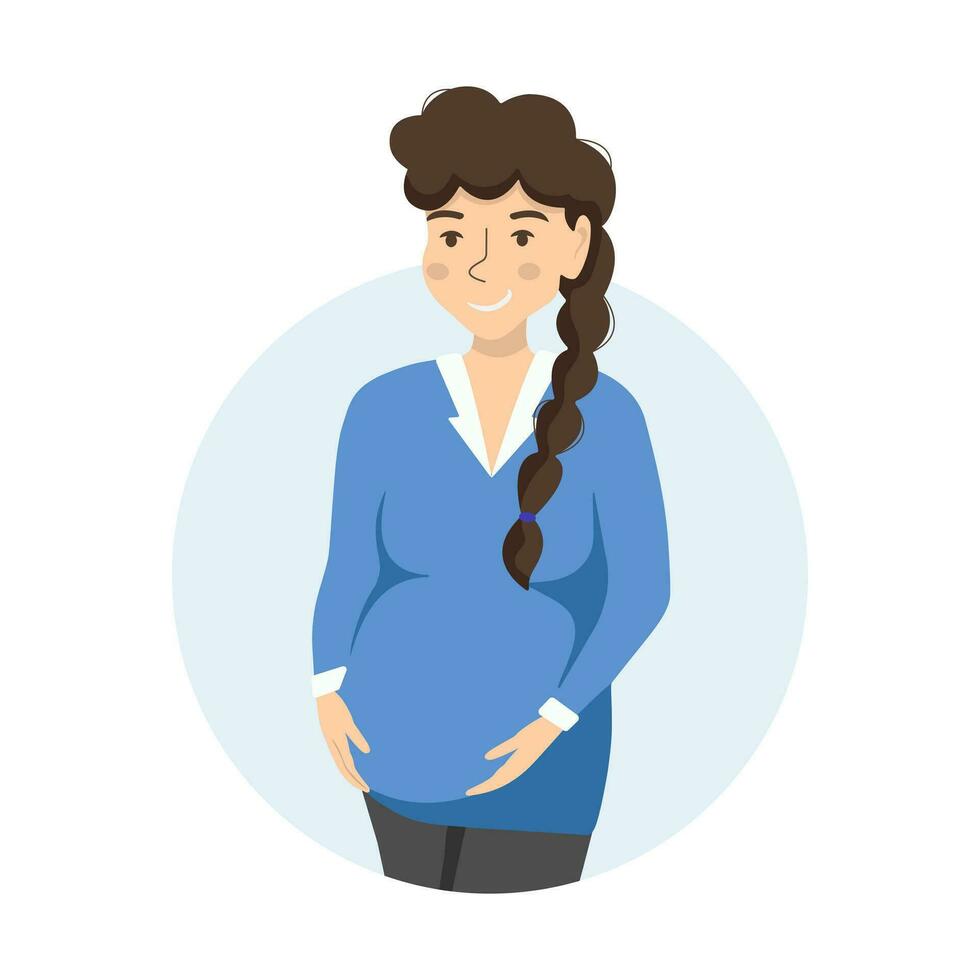 Lycklig graviditet symptom begrepp. tecknad serie leende ung friska gravid flicka. vektor illustration med framtida mor. platt karaktär