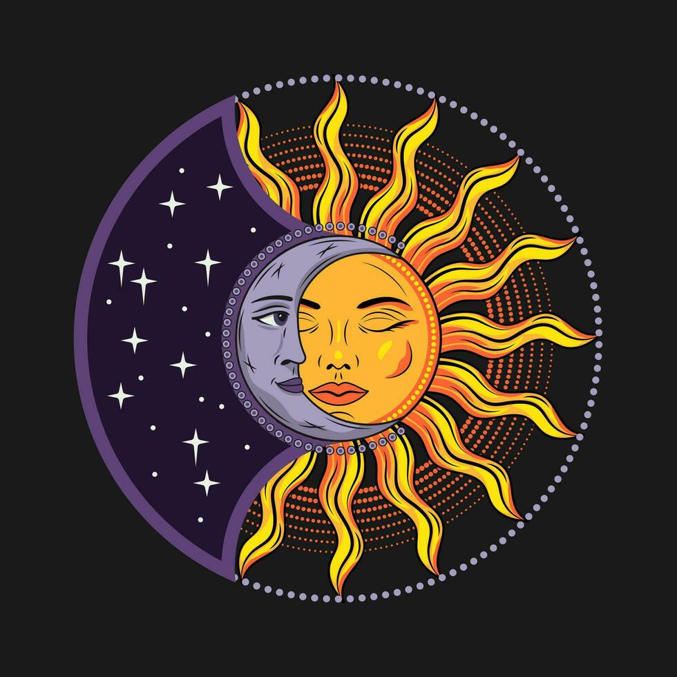 förmörkelse med Sol, halvmåne måne. mytologisk medeltida saga tecken med ansikte, magi, mystisk, astrologi symboler. design för tatuering, astrologi, klistermärken, tarot. retro stil. vektor