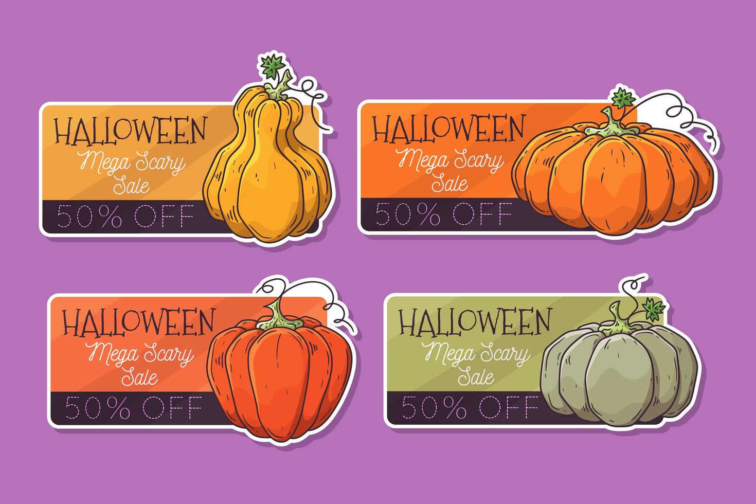 Vektor handgezeichnete Halloween-Etiketten mit Kürbissen.