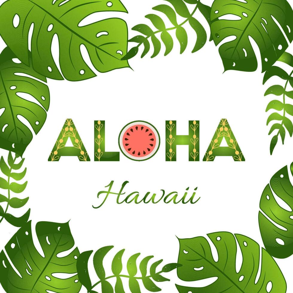 hawaiisch Party Banner Vorlage mit Aloha Beschriftung, Wassermelone und tropisch Blätter. Vektor Illustration. typografisch Design zum Plakat, Flyer, Poster, Einladung Karte.