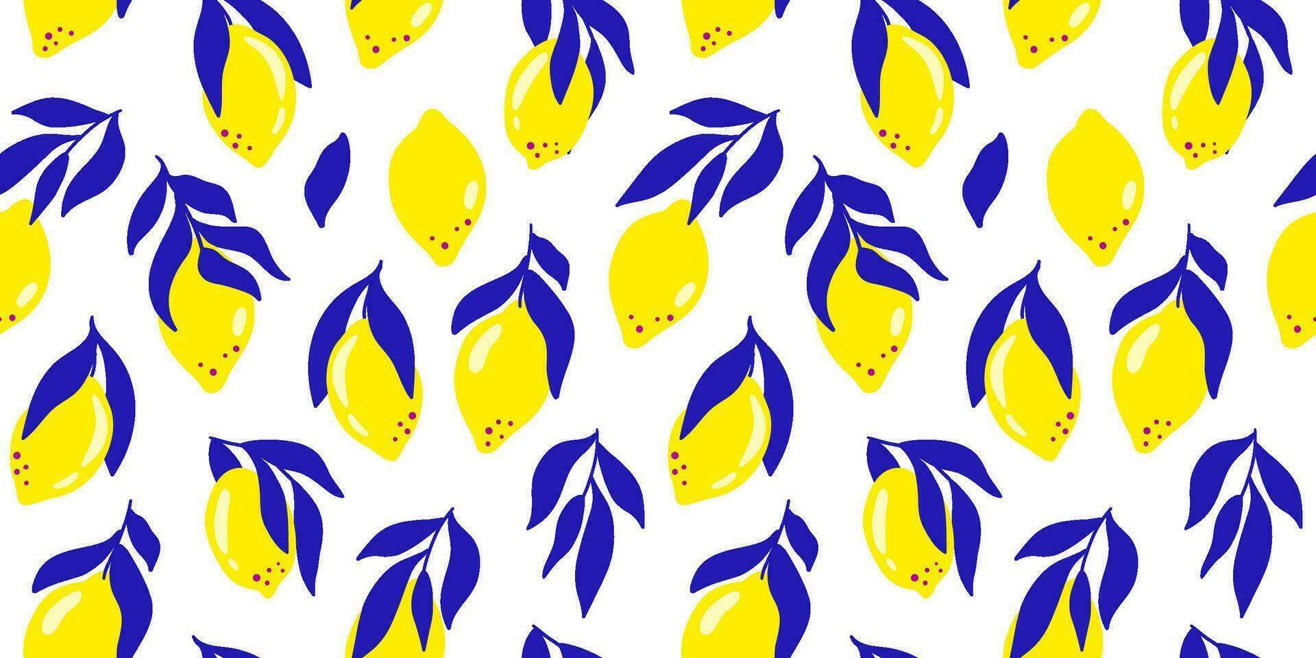 Zitrone Obst nahtlos Muster im abstrakt matisse Stil. tropisch Sommer- Obst von Gelb Zitrus, Blau Kurve Blätter, frisch Obst drucken. Hand gezeichnet Vektor Stoff Design, Küche Textil, Essen Hintergrund.