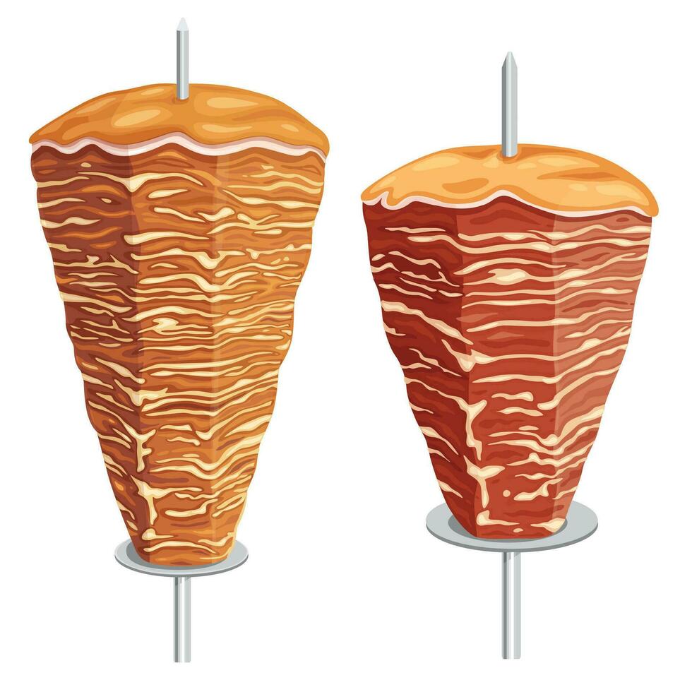 doner kebab. shawarma bestående av kött skära in i tunn skivor, staplade i en konliknande form, och rostad på en långsamt vändande vertikal spett eller spotta. på vit bakgrund. vektor illustration.