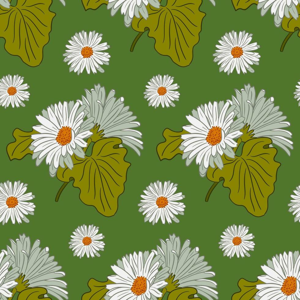 frisch Botanik nahtlos Muster mit Gänseblümchen. Weiß isoliert Blumen mit Blätter im eben Gliederung Stil auf Grün Hintergrund. perfekt zum zeitgenössisch interir oder Mode Textil, Hintergrund, Verpackung Papier vektor