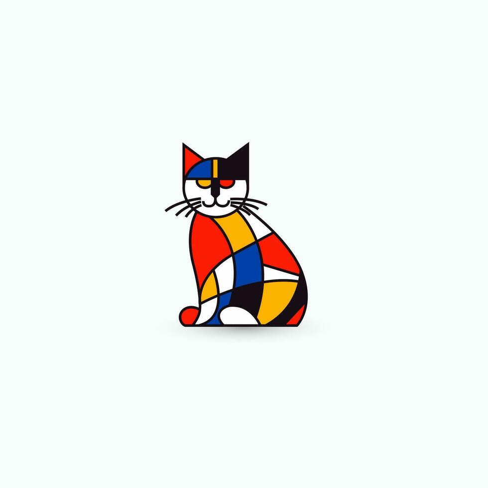 beschwingt abstrakt Katze Logo einstellen im de stijl Stil. modern, eben Design Konzept mit geometrisch Netz, primär Farben. Marke, Kunst, korporativ Identität. einfach, bunt, und auffällig. Vektor Logo