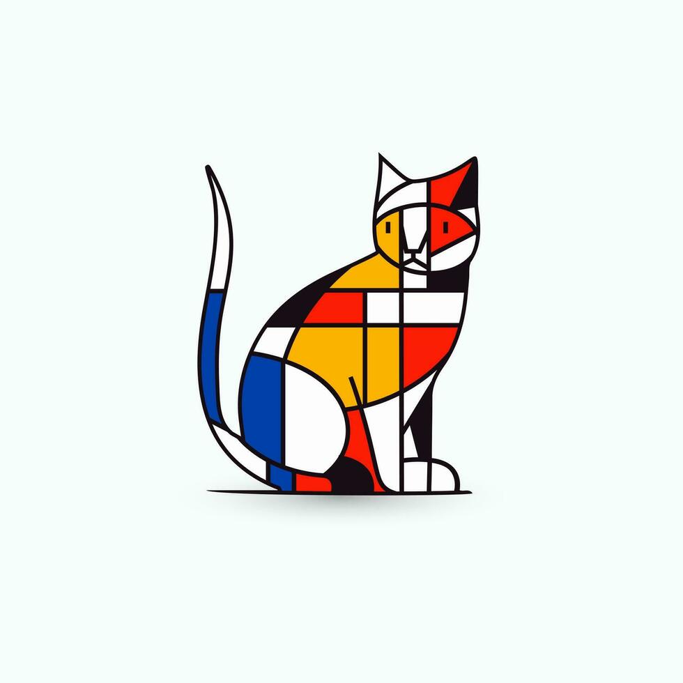 beschwingt abstrakt Katze Logo einstellen im de stijl Stil. modern, eben Design Konzept mit geometrisch Netz, primär Farben. Marke, Kunst, korporativ Identität. einfach, bunt, und auffällig. Vektor Logo