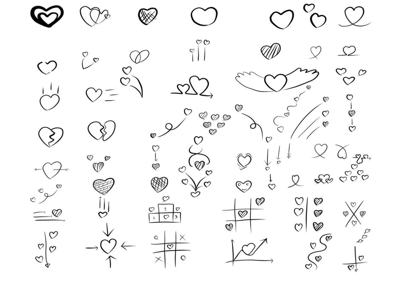 uppsättning av vektor hand drawning pilar.riktningar tecken eller symboler, pil, fyrverkeri, båge, svans, hjärta, set, linje ,kärlek,tal bubbla, pekare, vektor hand drawning pilar och riktning begrepp.
