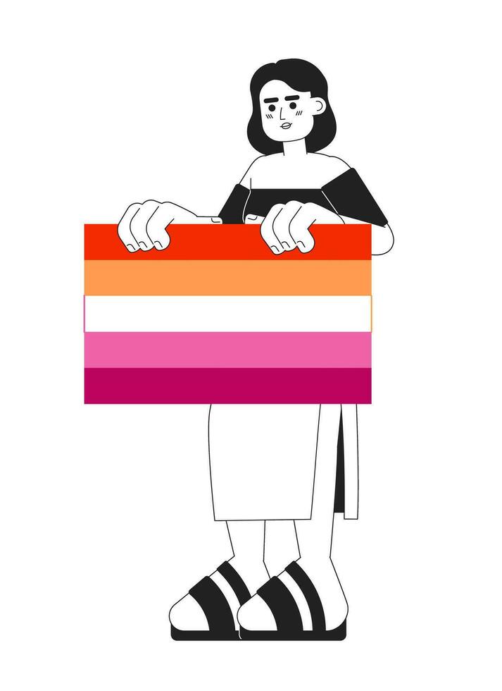 afrikansk amerikan kvinna innehar lesbisk flagga enfärgad platt vektor karaktär. redigerbar tunn linje full kropp kvinna visar tolerans till HBTQ på vit. enkel bw tecknad serie fläck bild för webb grafisk design