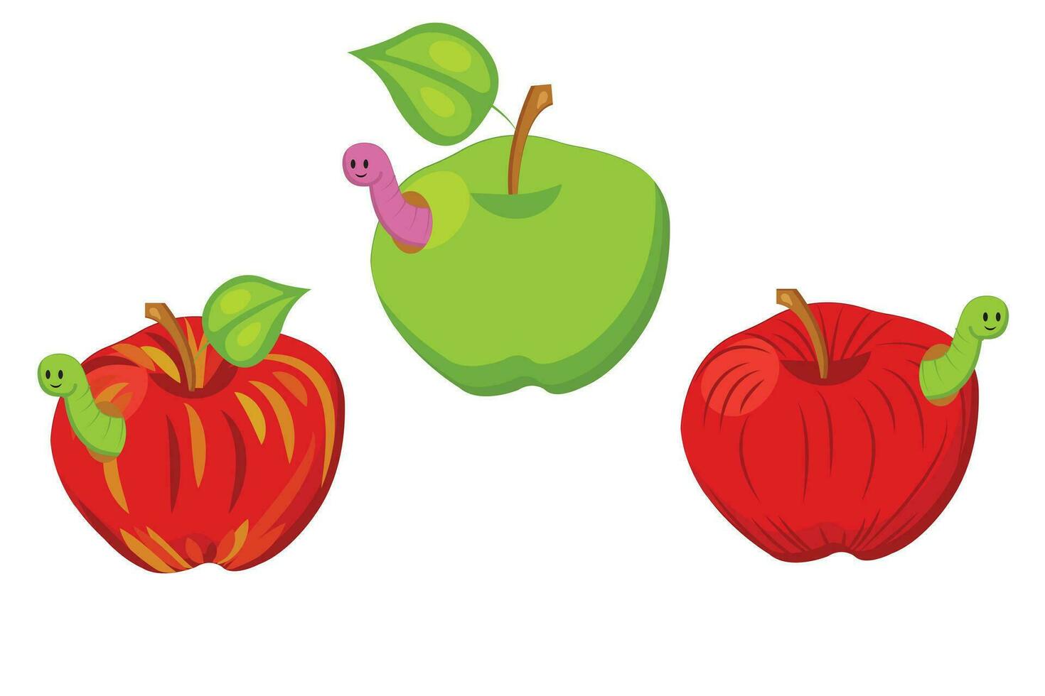 uppsättning av röd och grön äpplen med leende maskar. vektor illustration i tecknad serie stil isolerat på en vit bakgrund.