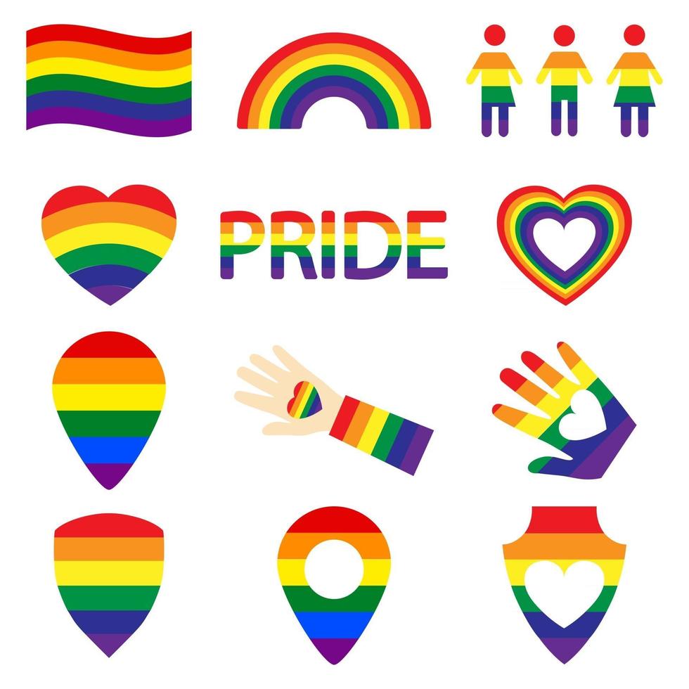 LGBT-Farbsymbole setzen Schwulen, Lesben, Regenbogen, Herz, Kartenposition, freie Liebe, Flagge, Hand, Unterstützung, Homophobie stoppen, LGBT-Rechte, Stolztag. moderne Vektorillustration vektor