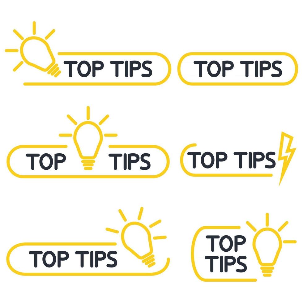 topptips, hjälpsamma tricks dispositionsikonuppsättning. bra idé, lösning och trickillustration med glödlampa. redigerbar stroke. snabb tips ikonuppsättning. vektor illustration