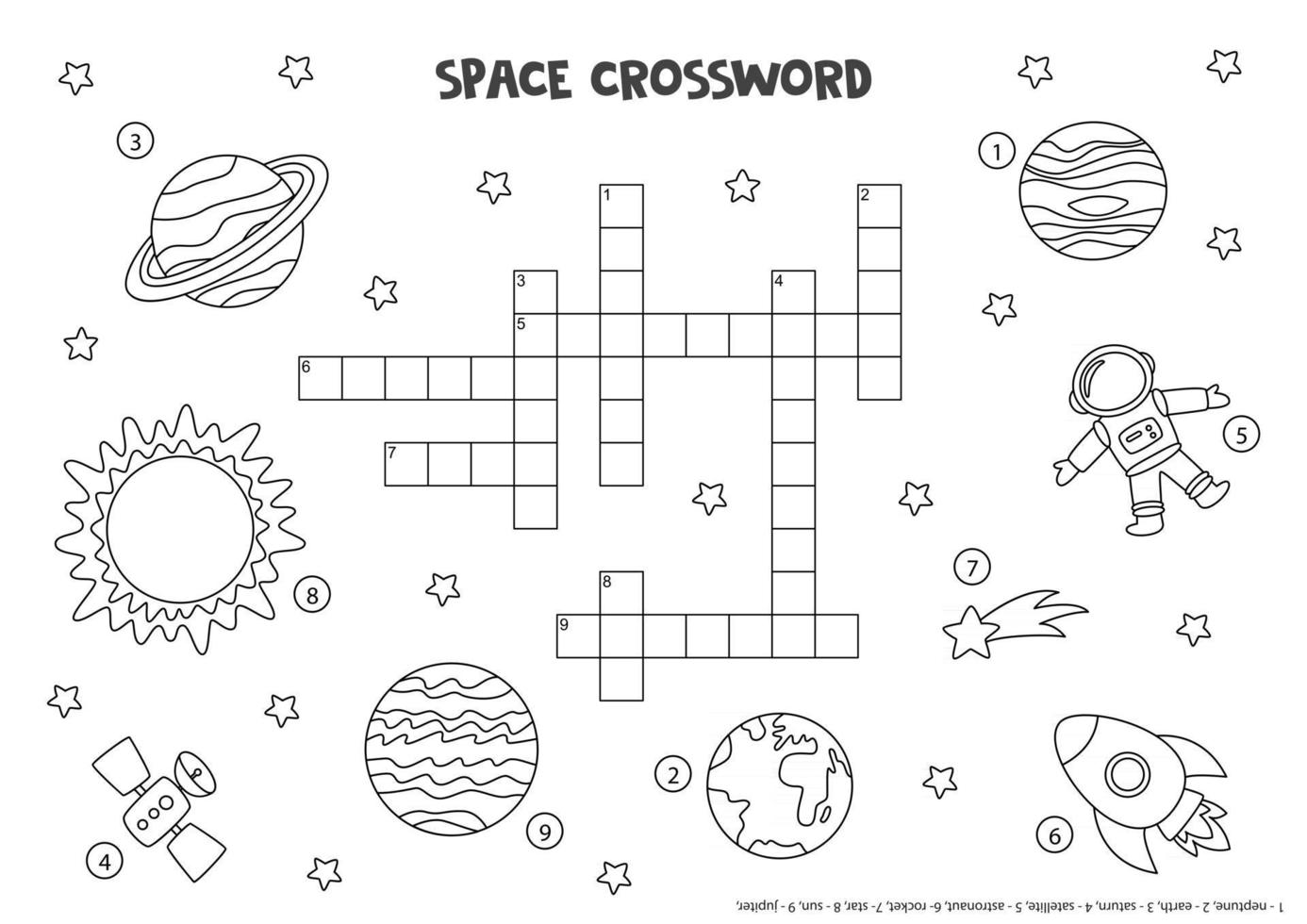 Schwarz-Weiß-Weltraum-Kreuzworträtsel für Kinder mit Planeten des Sonnensystems, Sonne, Rakete. vektor