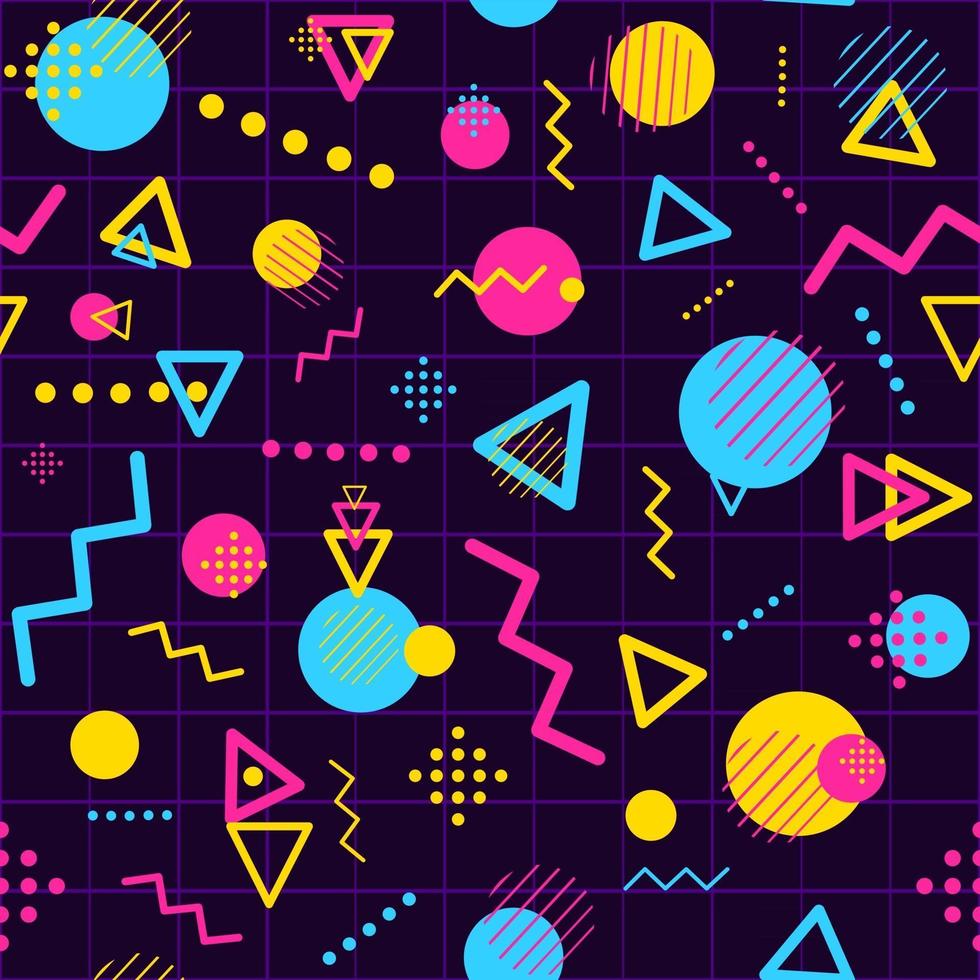 geometriska sömlösa mönster med minimalistiska och moderna former. repetitiv bakgrund med trianglar, linjer, cirklar och prickar. färgglatt digitalt utrymme och funky fest konceptuell konst. vektor