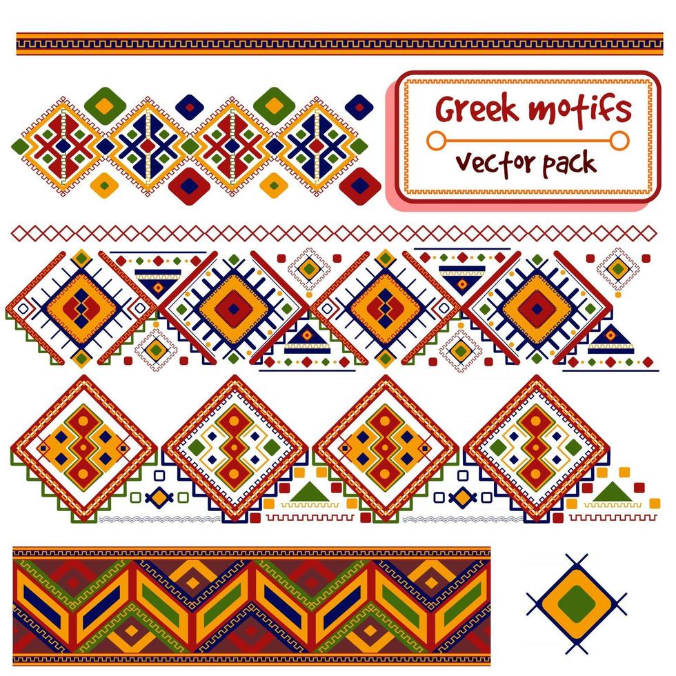 Vektorpackung mit traditionellen Motiven aus Griechenland und Kreta. südeuropäische nahtlose Muster und Titelränder. mediterrane und skandinavische bunte und nationale rahmen. vektor