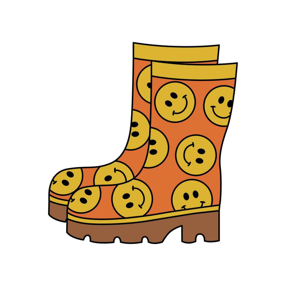 retro groovig Orange Gummi Stiefel mit Gelb lächelnd Emoticons. Garten, Herbst Konzept. Karikatur isoliert Vektor Illustration