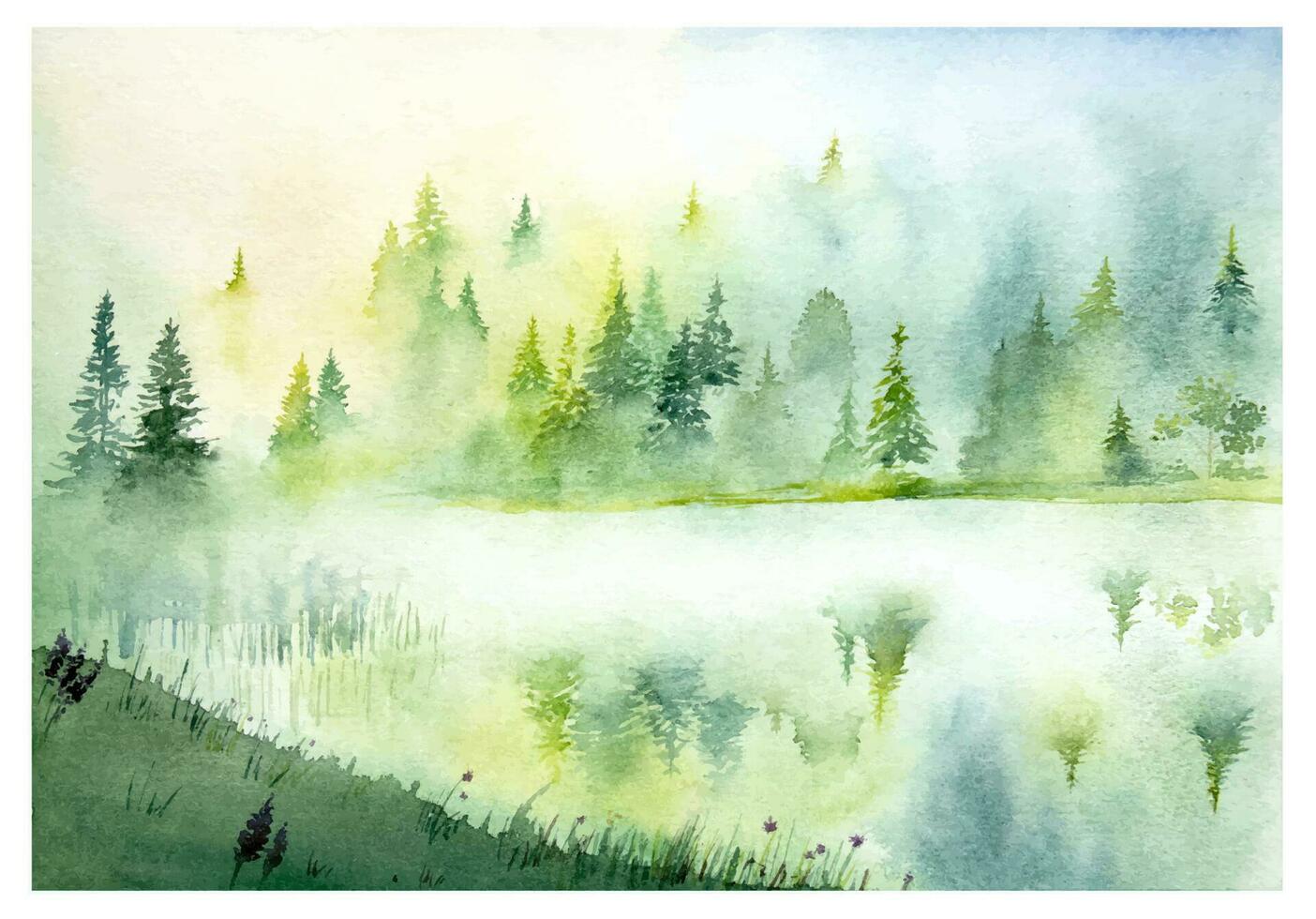 hand dragen vattenfärg dimmig sjö och trän landskap. grön vattenfärg landskap med sjö och tall träd. vektor