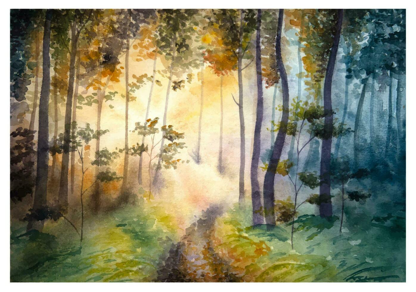 Hand gezeichnet Aquarell Sonnenuntergang Wald. Aquarell sonnig Wald Landschaft. vektor