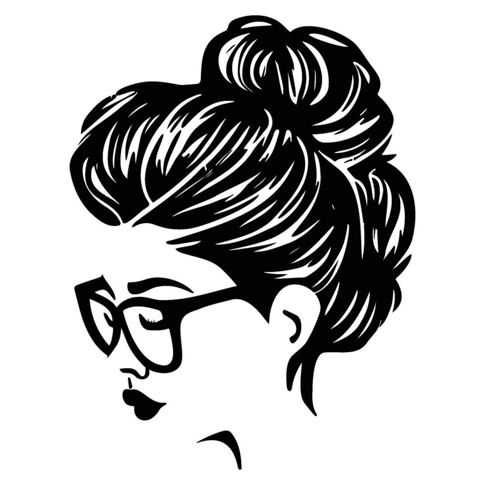Frau Gesicht mit unordentlich Haar im ein Brötchen lange Wimpern und Auge Brille Symbol vektor