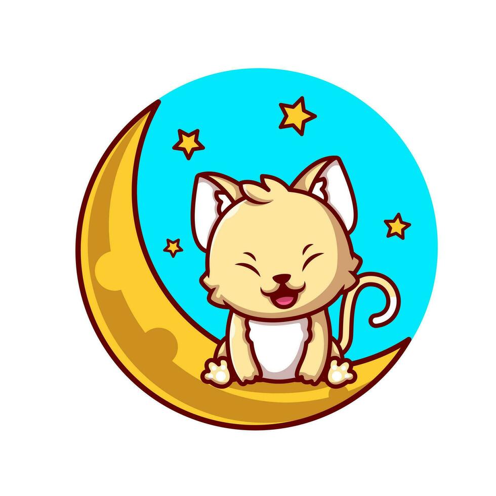 söt katt Sammanträde på skära måne med stjärnor tecknad serie vektor ikon illustration. djur- natur ikon begrepp isolerat premie vektor. platt tecknad serie stil