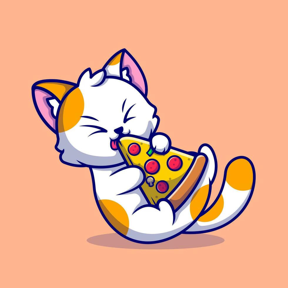 söt katt äter pizza tecknad serie vektor ikon illustration. djur- mat ikon begrepp isolerat premie vektor. platt tecknad serie stil