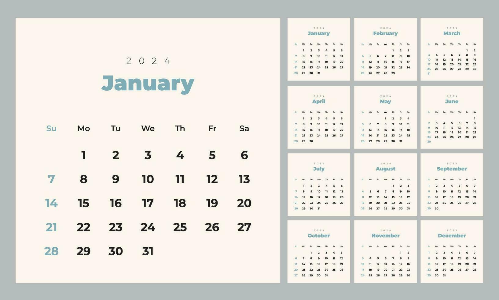 minimalistisch Stil monatlich Kalender Vorlage zum 2024 Jahr. Englisch Kalender. Woche beginnt auf Sonntag. einstellen von 12 Monate. einfach Design mit groß Briefe, typografisch Elemente. Platz Komposition vektor