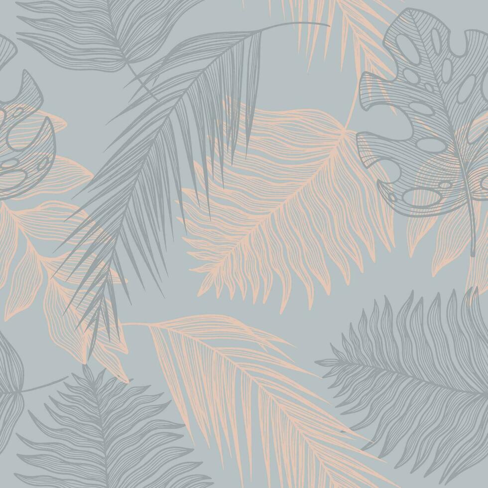 tropisch linear nahtlos Muster mit Monstera, Palme Blatt, Farn, Geäst auf Blau grau Hintergrund. Linie Kunst mit anders Blätter vektor