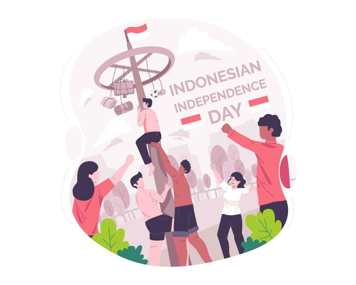 Menschen feiern indonesisch Unabhängigkeit Tag. Panjat Pinang oder Pole Klettern ist ein traditionell Spiel Wettbewerb. Indonesien Unabhängigkeit Tag Konzept Illustration vektor