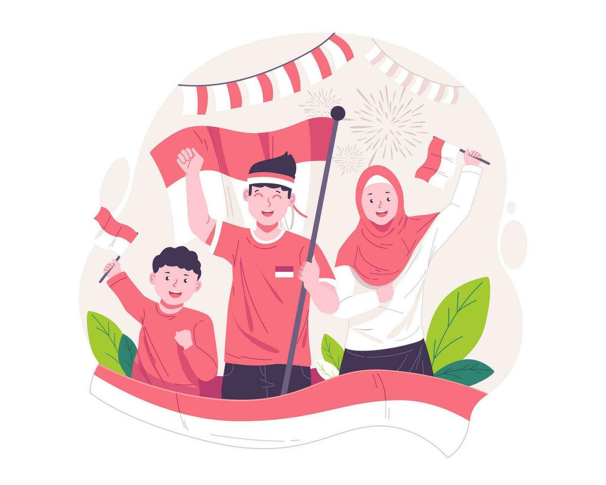 Lycklig ung människor fira Indonesiens oberoende dag förbi höjning de röd och vit indonesiska flagga. indonesien oberoende dag på augusti 17:e begrepp illustration vektor