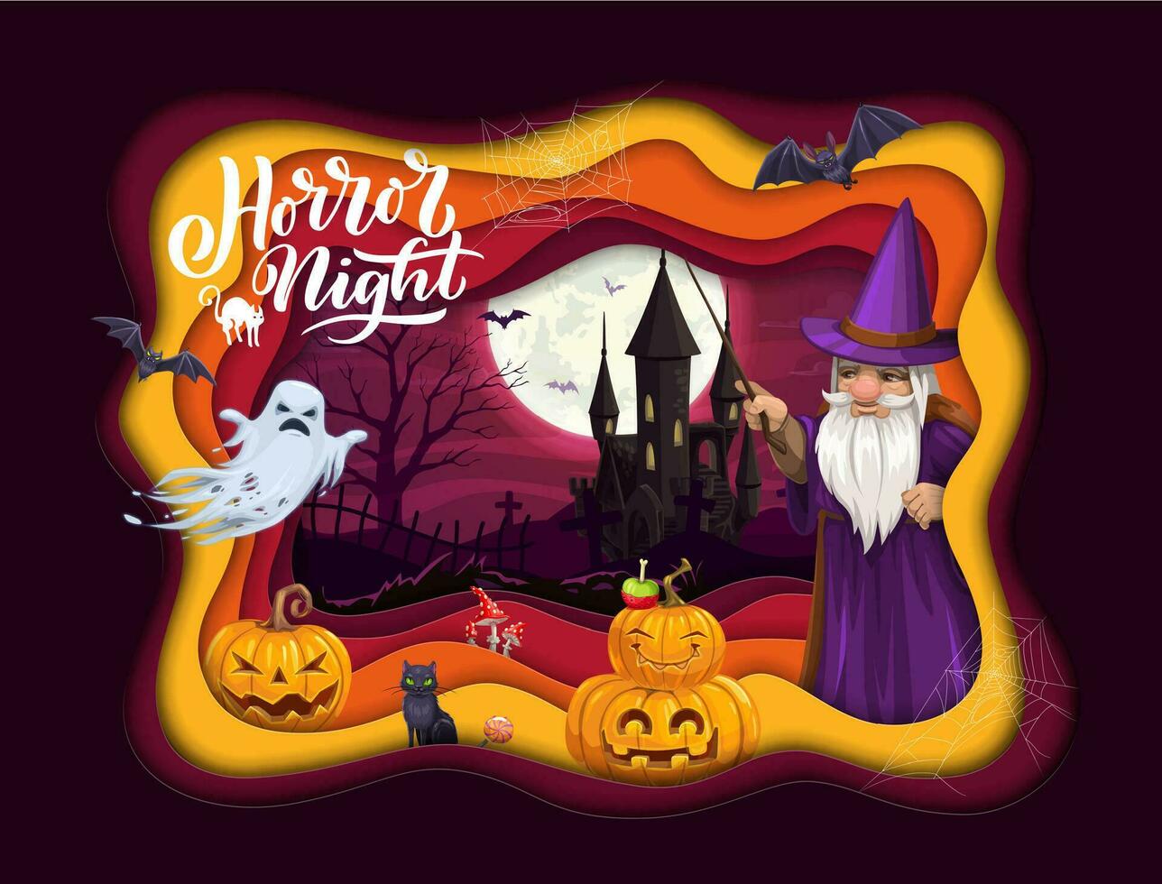 Halloween Papier Schnitt Banner Karikatur Magier, Schloss vektor