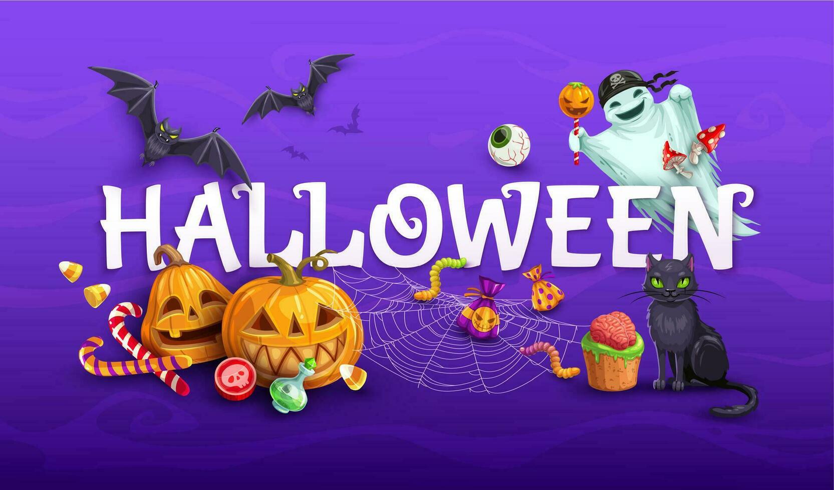 Halloween Banner mit Karikatur Figuren, Süßigkeiten vektor