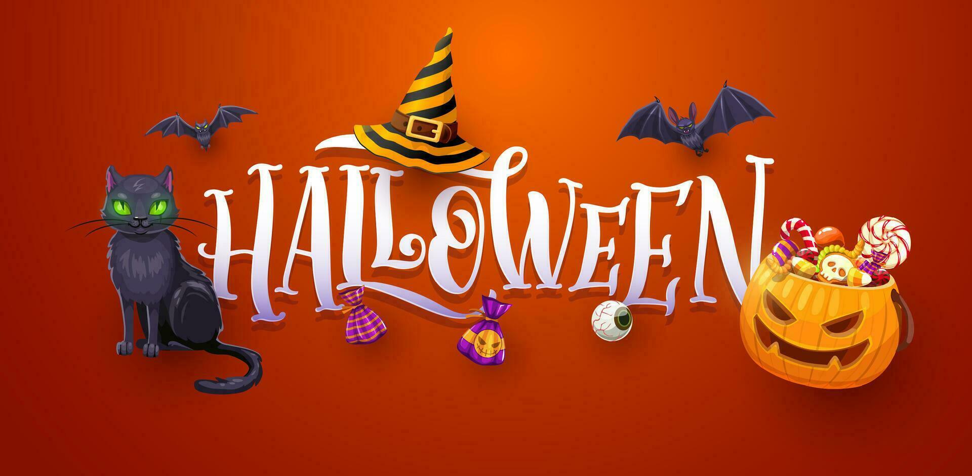 Halloween Banner von Grusel Kürbis, Süßigkeiten, Fledermäuse vektor