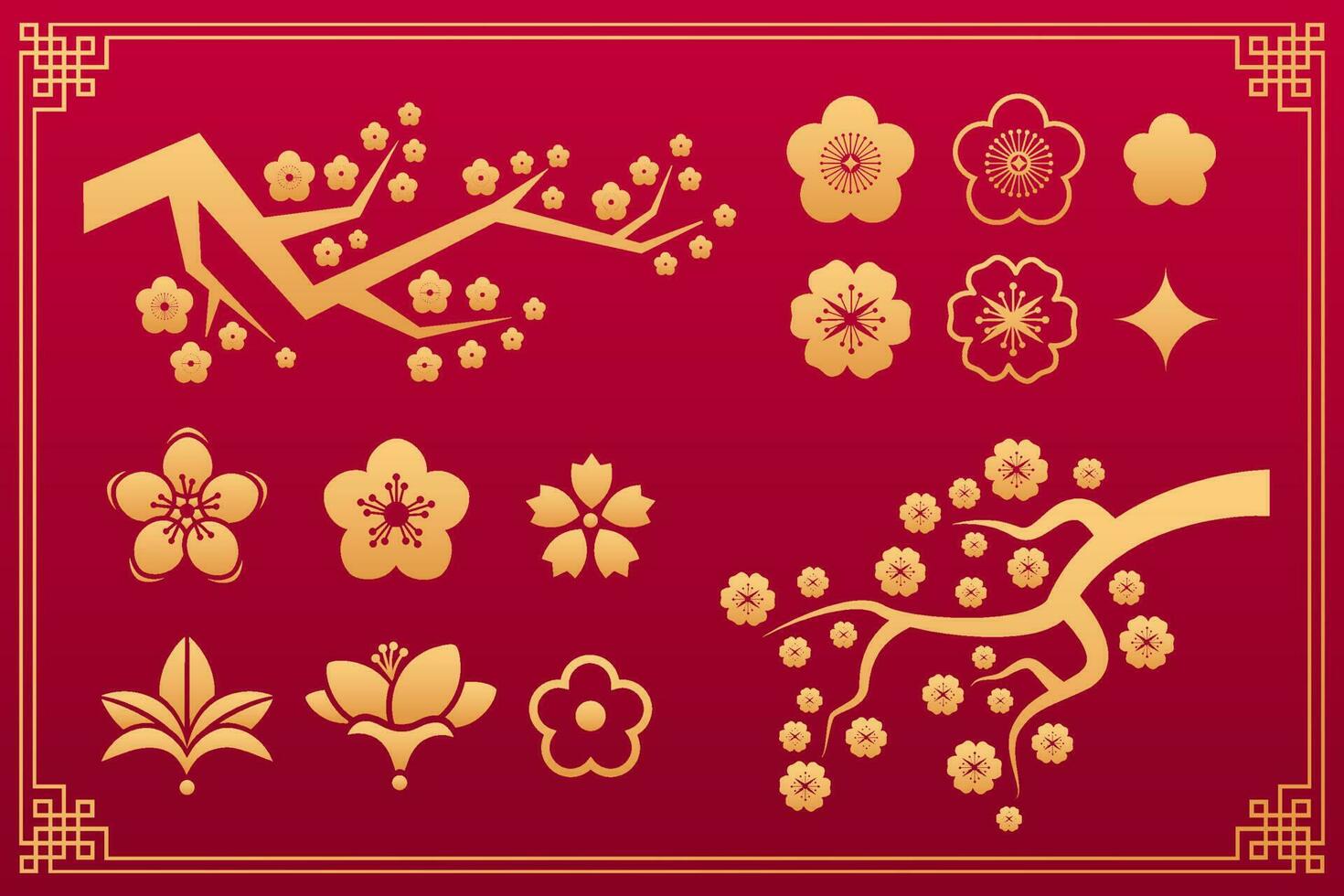 Chinesisch Muster. Orient asiatisch traditionell dekorativ Gold Vektor Ornamente. Blumen- Pflanze Elemente Sakura Blume, Blätter, blühen und Ast isoliert auf rot Hintergrund mit rahmen. Vektor Satz.