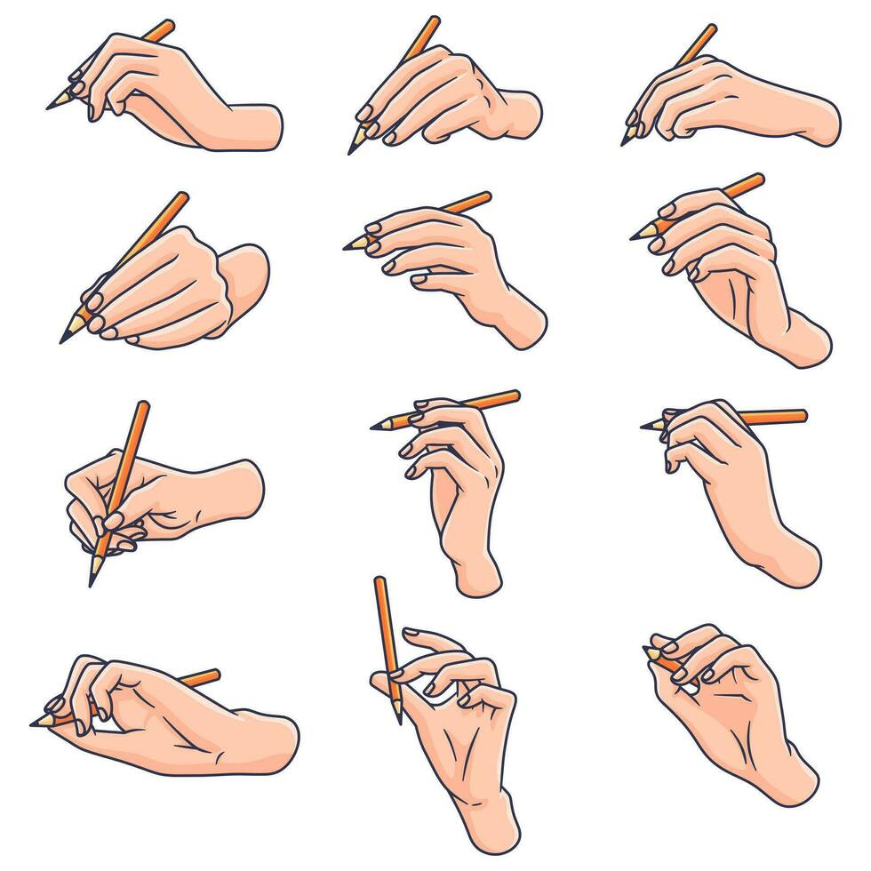 Prämie Qualität Vektor bündeln Pose von Hand halten Stift und Bleistift Gekritzel Hand Zeichnung Kunst Stil