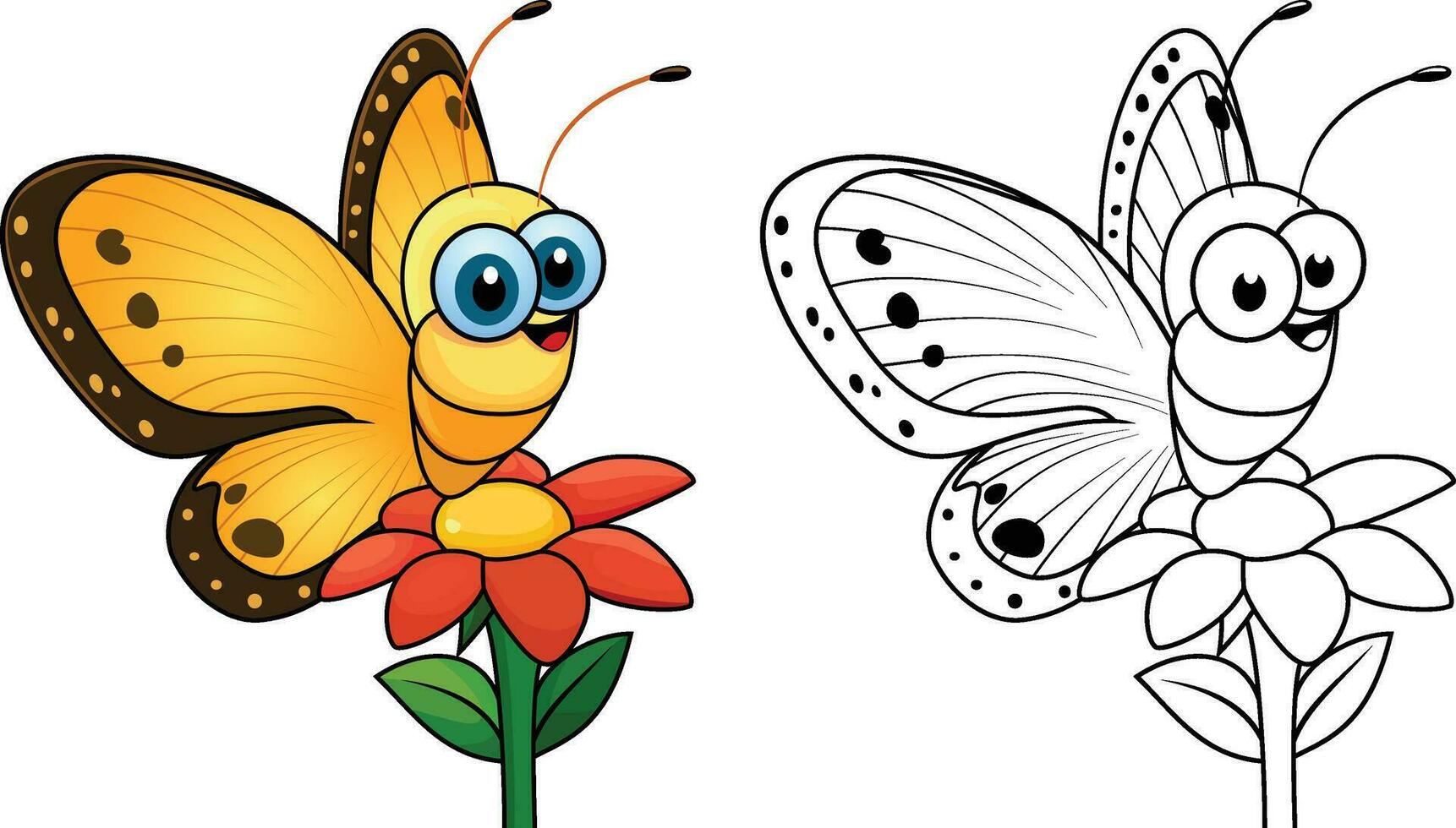 Schmetterling auf ein Blume Karikatur Vektor Illustration, Schmetterling und Blume Lager Vektor Bild, farbig und schwarz und Weiß Linie Kunst