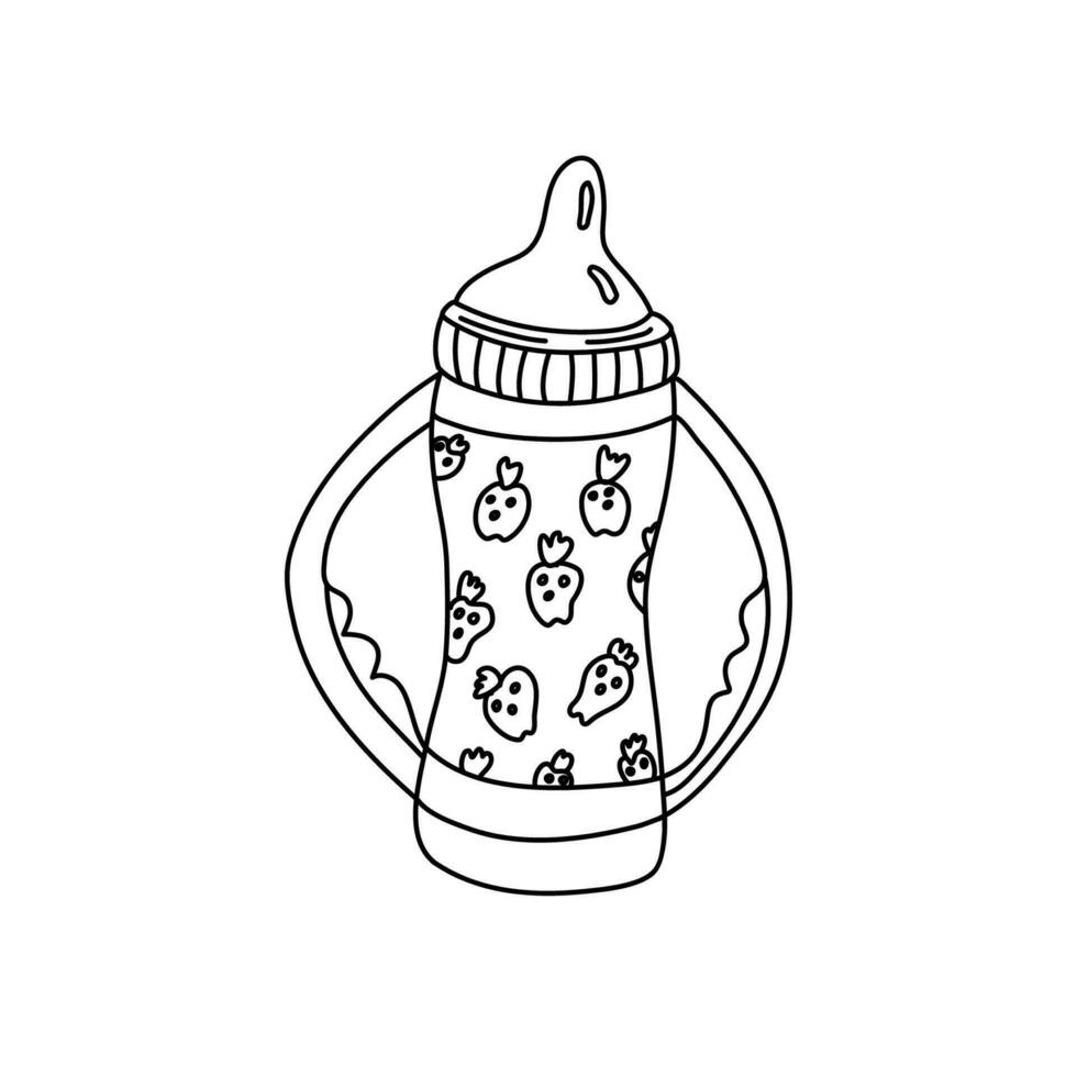 bebis matning flaska med handtag dekorerad med jordgubbar i klotter stil. hand dragen vektor illustration i svart bläck