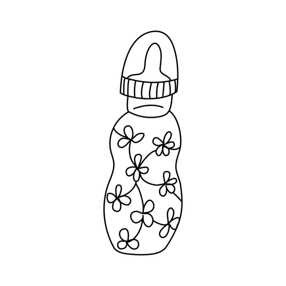 Baby Fütterung Flasche dekoriert mit Blumen im Gekritzel Stil. Hand gezeichnet Vektor Illustration im schwarz Tinte