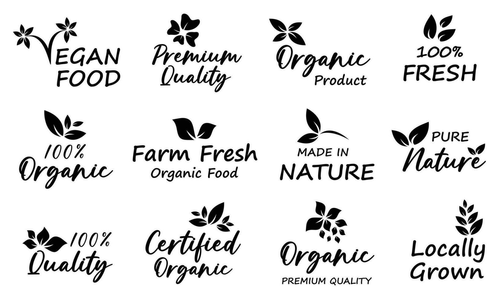 Logos für Bio-Lebensmittel, Naturkost, gesunde Lebensmittel und Bio- oder Naturprodukte, Sammlung von Symbolen, Abzeichen und Aufklebern für den Lebensmittel- und Getränkemarkt, E-Commerce, Bio-Produkte, Werbung für Naturprodukte. vektor