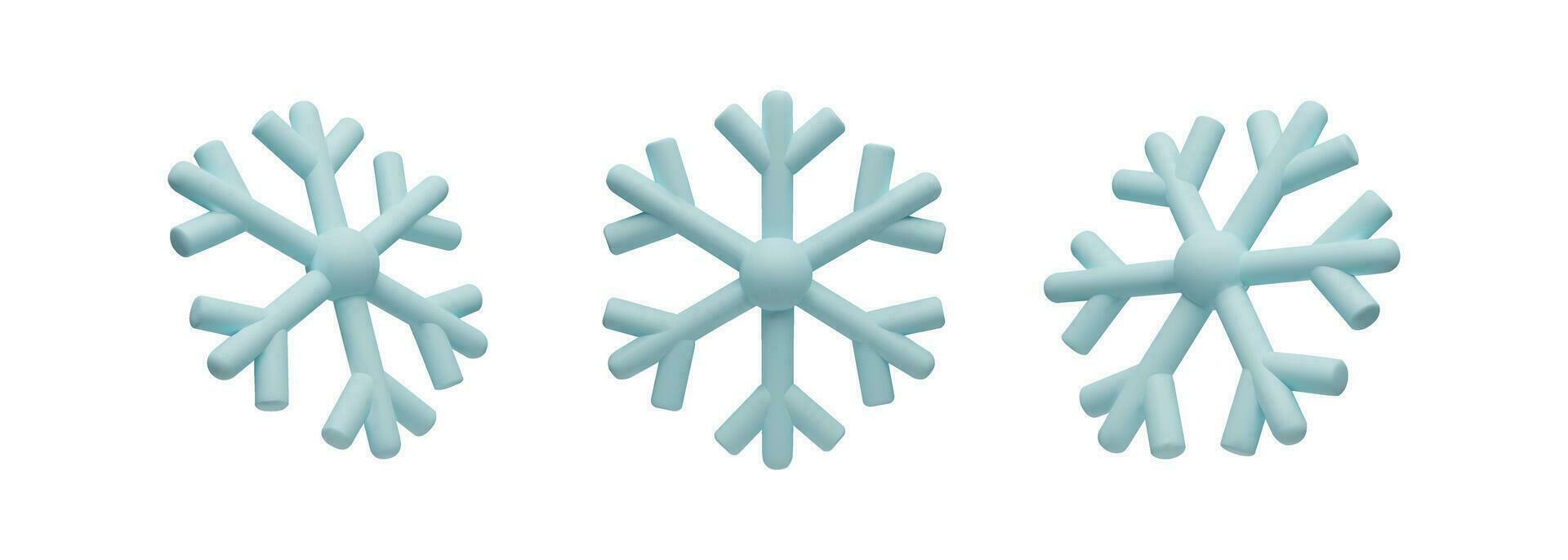 3d machen einstellen von Schneeflocken. Meteorologie realistisch Element. Vektor Symbol von kalt, Frost. Design Element zum Winter Jahreszeit. Sechseck gestalten Kristall im Ton, Plastik Stil