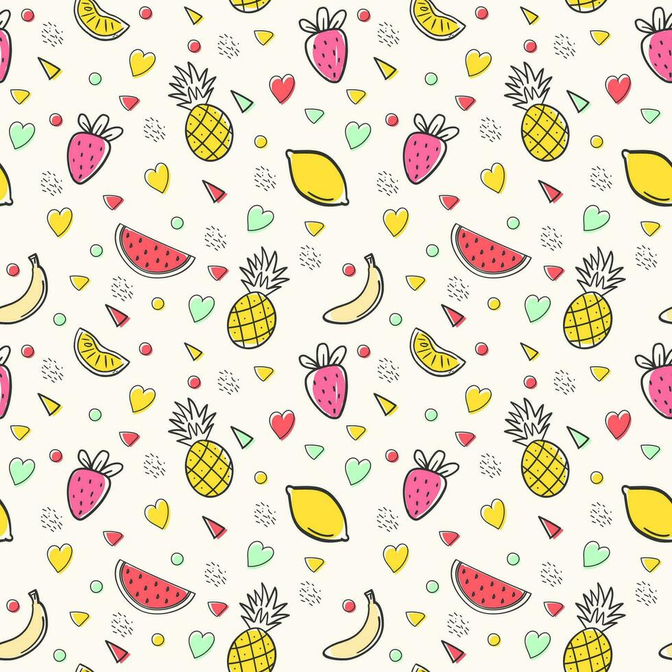 nahtlos Sommer- Muster mit Wassermelonen, Ananas, Zitronen, Herz und geometrisch zahlen im Hipster Stil vektor