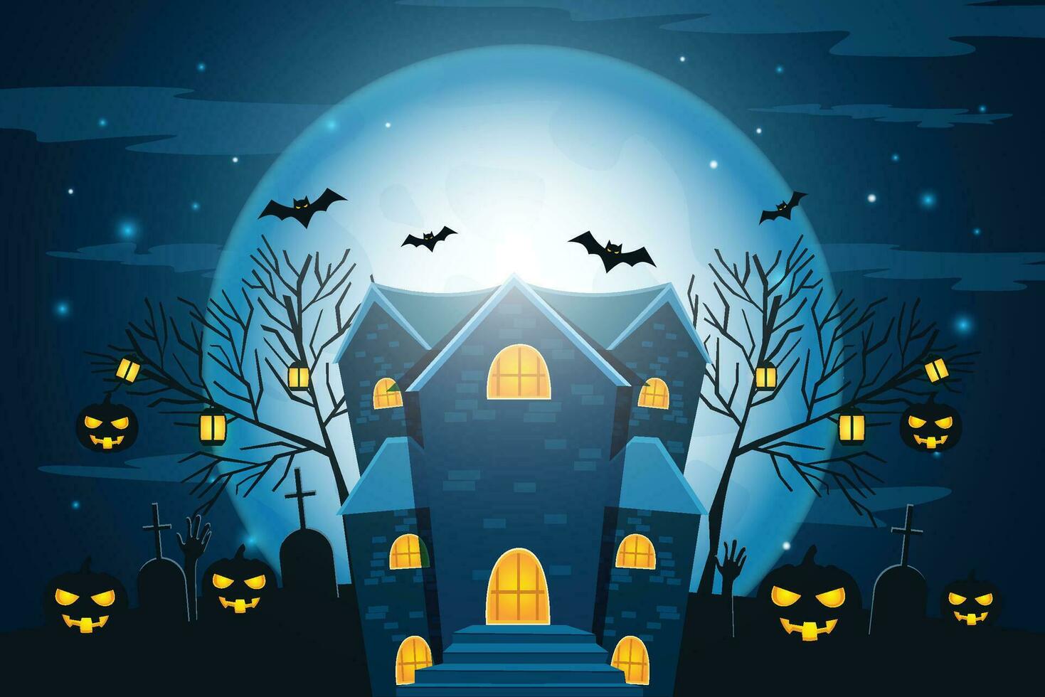 halloween-nachthintergrund, kürbisse und dunkles schloss. Vektor-Illustration. vektor