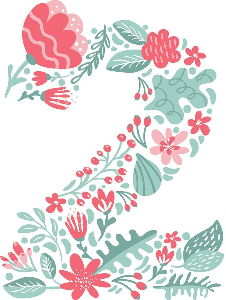 Vektor Hand gezeichnet Schriftart Nummer 2 zwei mit Blumen und Geäst blühen Frühling. Blumen- Alphabet Typografie Sommer- Brief Monogramm oder Logo Design Hochzeit ABC