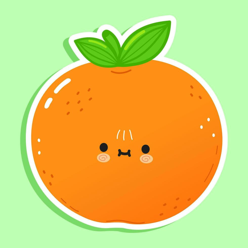 Aufkleber Mandarine Obst Charakter. Vektor Hand gezeichnet Karikatur kawaii Charakter Illustration Symbol. isoliert auf Grün Hintergrund. Mandarin Charakter Konzept