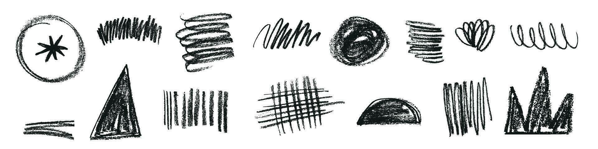 Hand gezeichnet Bleistift, Gekritzel, Kreide und Bürste Schläge. Marker und kritzeln Linien zum ein texturiert Schlaganfall Wirkung. isoliert Vektor Abbildungen auf Weiß Hintergrund.