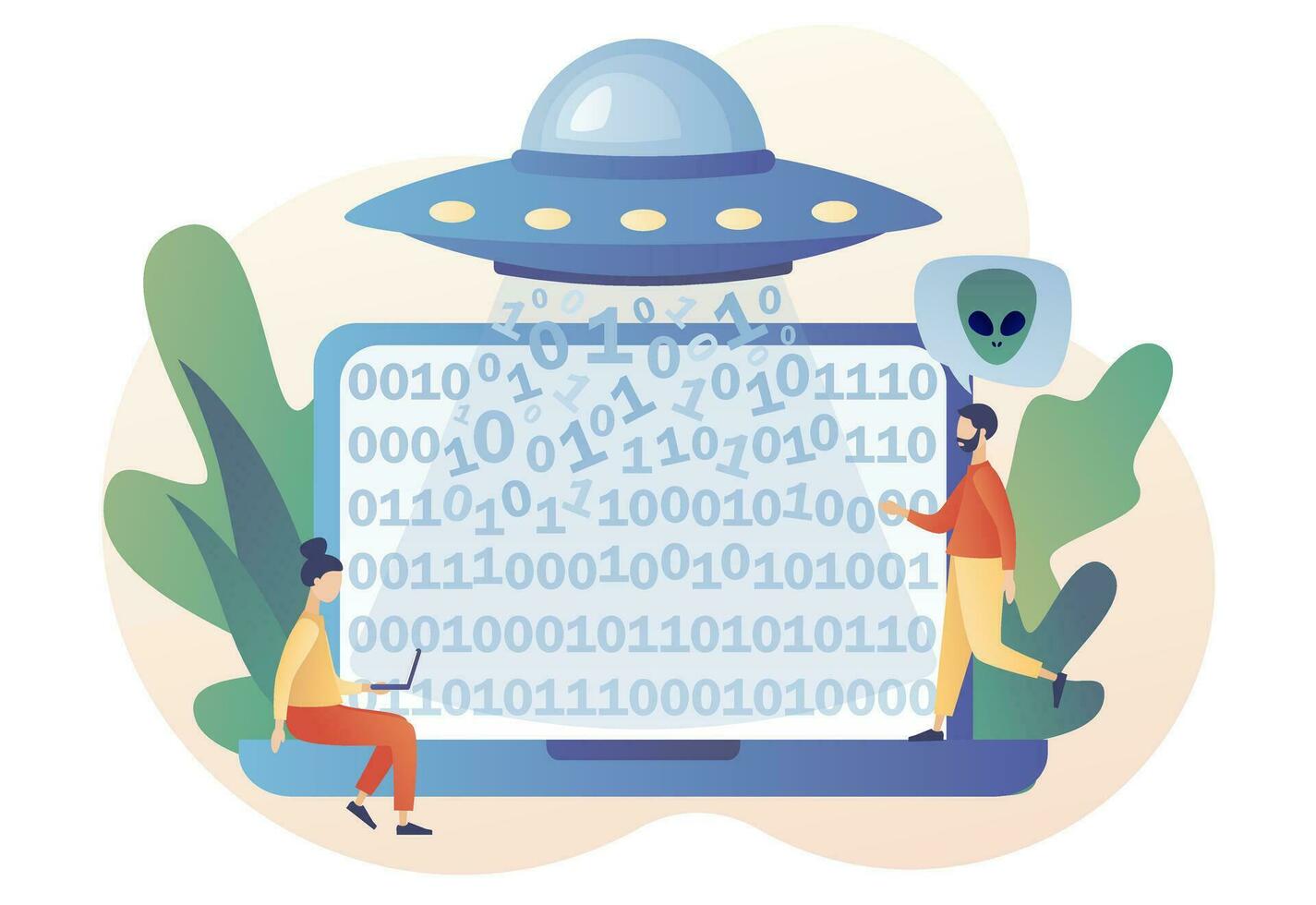 UFO Raumschiff mit Strahl von Licht entführt Daten Computer. Welt Kontakt Tag. Raum Konzept. Außerirdischer. futuristisch Unbekannt fliegend Objekt. modern eben Karikatur Stil. Vektor Illustration auf Weiß Hintergrund