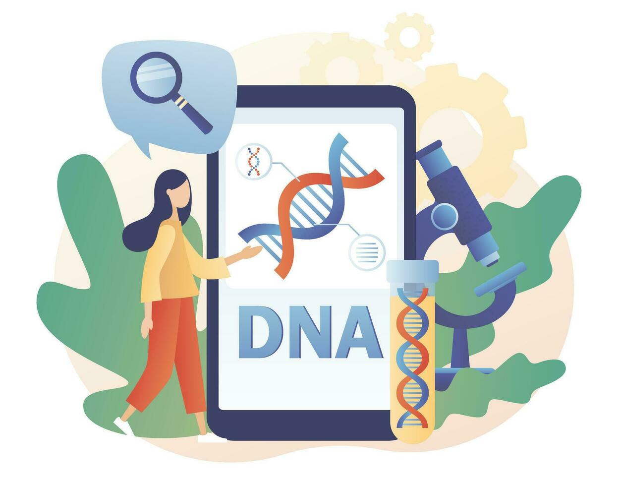 genetisch DNA Wissenschaft. winzig Wissenschaftler Nachforschungen anstellen und testen DNA mit Smartphone im Labor. Gen Wendel Zeichen auf Smartphone Bildschirm.modern eben Karikatur Stil. Vektor Illustration auf Weiß Hintergrund