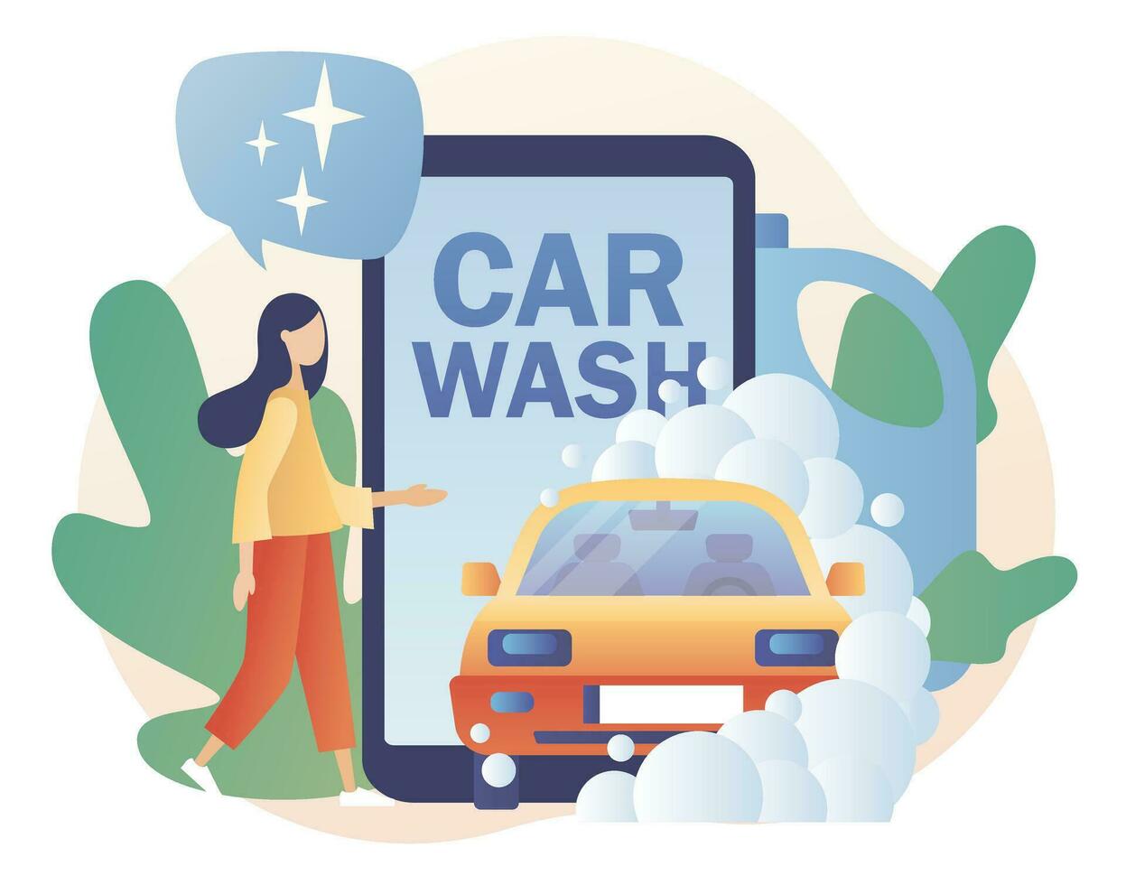 Auto waschen Bedienung Smartphone App. winzig Menschen Waschen Automobil mit Wasser und Schaum. Transport ist sauber. modern eben Karikatur Stil. Vektor Illustration auf Weiß Hintergrund