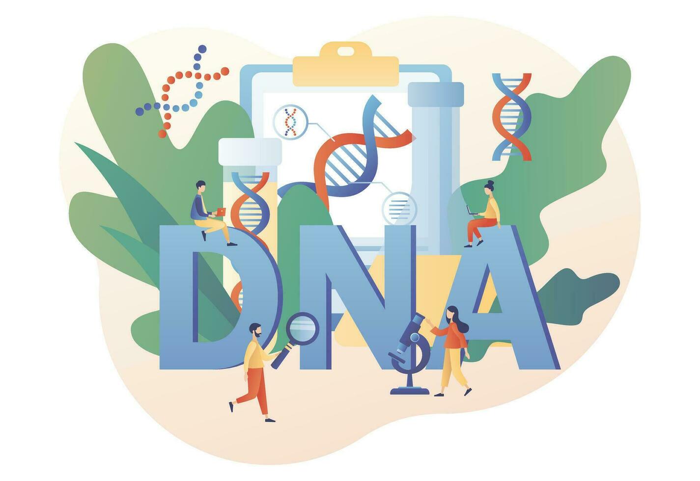 genetisch DNA Wissenschaft. Medizin und Technologie. winzig Wissenschaftler untersuchen, Diagnose und testen DNA im Labor. Labor Ausrüstung. modern eben Karikatur Stil. Vektor Illustration auf Weiß Hintergrund