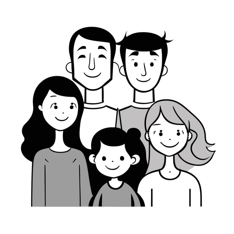 Lycklig familj far, mor och barn söt hand dragen mönster vektor illustration design linje teckning.