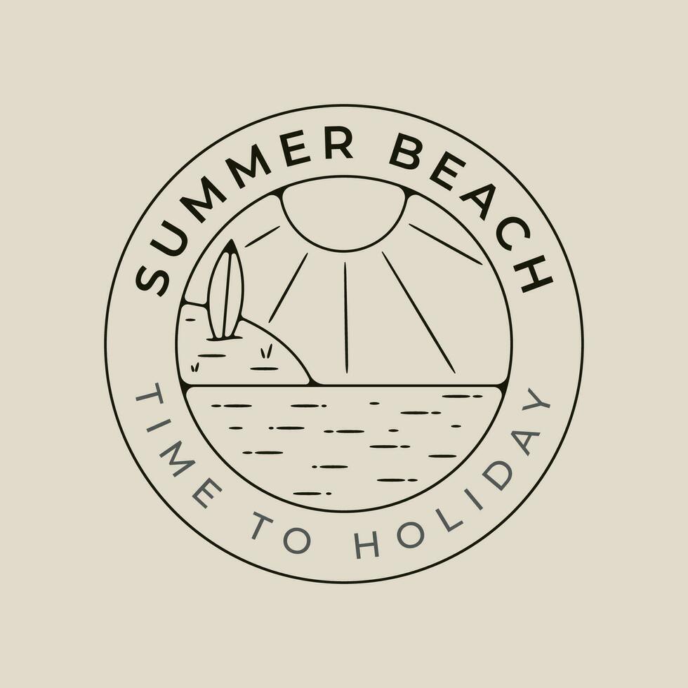 sommar strand linje konst logotyp vektor med emblem mall illustration design med handflatan träd och Sol brista ikon design.